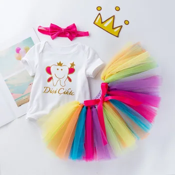 Novorojenček obleko dekle novorojenčka dekle oblačila, ki glavo band +romper+rainbow tutu krilo 3pcs darilo določa stranka rojstni dan oblačila
