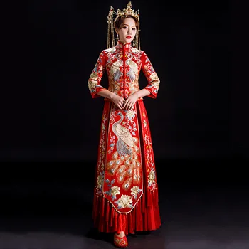 Šampanjec Poroka, Nevesta, Kitajski Slog Cheongsam Tradicionalne Dolge Qipao Vezenje Žensk Večerno Obleko poročiti Oblačila XS - 6XXL
