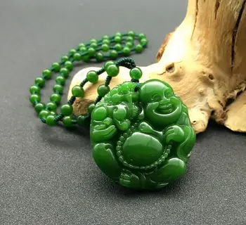 Naravna Zelena Ročno izrezljane Kitajski Hetian kamen maitreja Obesek + Vrv Ogrlica