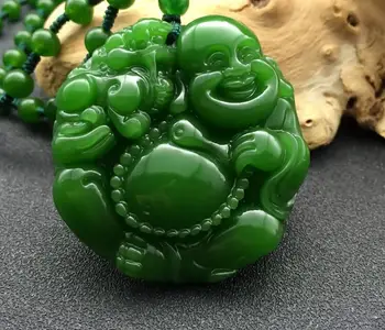 Naravna Zelena Ročno izrezljane Kitajski Hetian kamen maitreja Obesek + Vrv Ogrlica