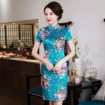 2021 Poletje Nove Ženske Slim Cheongsam Klasičnih Tiskanih Cvet Qipao Tradicionalnih Saten Mandarin Ovratnik Vestidos Večer Stranka Obleko