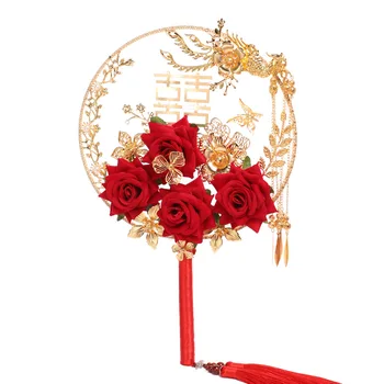 Kitajska Tradicionalna Nevesta Tassel Fan Letnik Krog ročni Rose Cvet Fan Poročne Fotografije Rekviziti