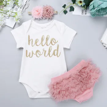 Iiniim Infantil Baby Dekleta Hello World Obleko Kratkimi Romper z Bloomers Glavo Set za Novorojenčke Foto Stranka Oblačila