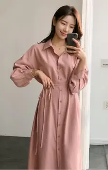 Ohlapne Obleke, Dolge Ženske Dolg Rokav Jeseni Jeseni Design Korejski Japonska Preppy Stil Tempereament Lady Gumb Shirt Obleko