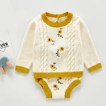 Otrok, Dojenček Clohting Plesti Set 2020 Novo Pomlad Jesen Cvetje Moda Dojencek Dekliška Oblačila Z Dolgimi Rokavi Plesti Pulover+Hlače Določa