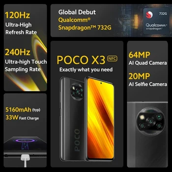 Globalna Različica Xiaomi POCO X3 NFC Pametni telefon, 6GB RAM 128GB ROM Snapdragon 732G 64MP Quad Fotoaparat 5160mAh Baterije 33W Hitro Polnjenje