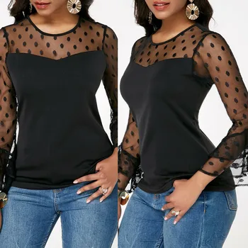 2019 Moda za Ženske, O-neck zgornji deli oblacil Ženske Svoboden Dolg Rokav Polka Dot Bluze za Ženske Črna Priložnostne Poletje Bluze Nov Prihod