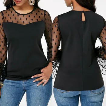 2019 Moda za Ženske, O-neck zgornji deli oblacil Ženske Svoboden Dolg Rokav Polka Dot Bluze za Ženske Črna Priložnostne Poletje Bluze Nov Prihod