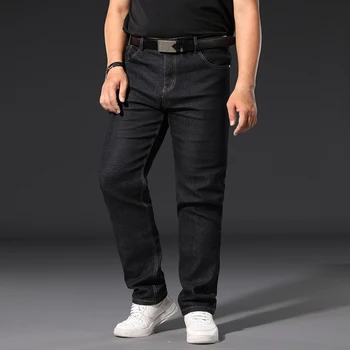Plus Velikost 42 44 46 48 50 Classic Moške Jeans Svoboden Naravnost Black Blue Jeans Stretch Poslovnih Hlač blagovna Znamka Hlače Moški