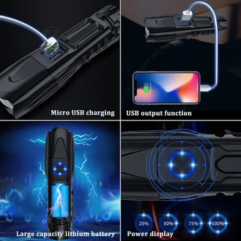 Super Svetla XHP90 LED Svetilka z USB Vhod in Izhod Funkcija 5 Načini Glare Taktično Svetilko Nepremočljiva Zoom Zunanji Luč