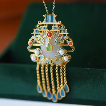 Naravni Hetian jade tassel nastavite Kitajska retro palace slog luksuzni edinstveno stari zlato obrti čar ženske srebrni nakit