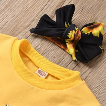 #50 Newborn Baby Girl Obleke Pismo Tiskanja Kratek Rokav Romper Vrhovi Sončnično Tiskanja Dolge Hlače Glavo 3pcs Obleke Set
