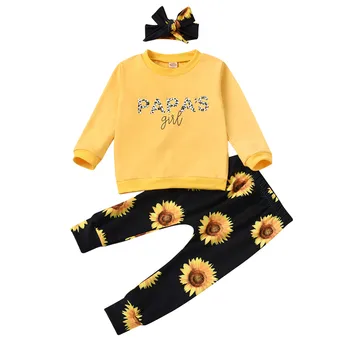 #50 Newborn Baby Girl Obleke Pismo Tiskanja Kratek Rokav Romper Vrhovi Sončnično Tiskanja Dolge Hlače Glavo 3pcs Obleke Set