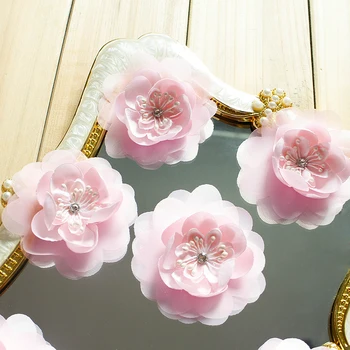 10 Kos/Veliko Belo roza 3D imitacije cvet diy čipke obliž s karo tkanine, čipke pribor poročno obleko materialov