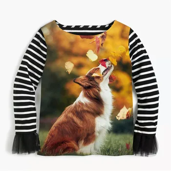Črne proge malčka dekleta Bluze pomlad jesen Živali pes tiskanje majice Dolg Rokav otroci Majice 2-10Y