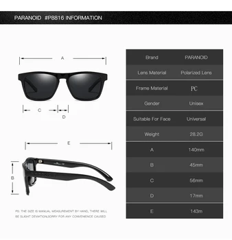 PARANOIDNE Letnik Polarizirana sončna Očala, moška sončna Očala Za Moške Vožnje Črni Kvadrat Oculos Moški 10 Barv Model 8816 P8816