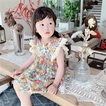 2020 Poletje Novi Korejski Girls Srčkan Flroal Obleko Toddlers Otroci Brez Rokavov Bombaž Obleke Otrok Obleke