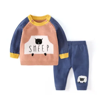 Za malčke Baby Oblačila pletenje Pulover Nastavite 2020 Jeseni, Pozimi Otrok 2Pcs Outwear Malčka O-vratu Risanka Topla Oblačila, Obleke