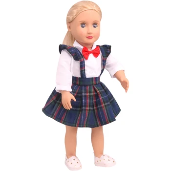 18 inch Dekleta lutka obleko kariran šoli enotno obleko lok majica Ameriški novorojenčka obleko Otroške igrače fit 43 cm baby doll c817