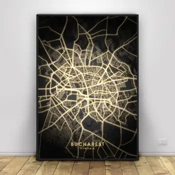 Bukarešta Romunija Črna in zlata Platno Wall Art Map Plakat