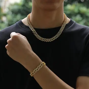 Nova 12 mm pravokotni Kubanski verige nepremočljiva moške ogrlica & Zapestnica pozlačeno polno cirkon zlitine hip-hop ogrlica