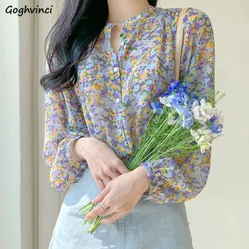Majice Ženske Cvjetnim Natisne Prosti čas Svoboden Elegantno Šifon Vrhovi Bluze Trendy Vse-tekmo Temperament korejski Priljubljen Retro Slog
