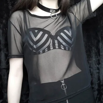 Rosetic Pregleden Očesa Vrh Ženske Tshirts 2020 Priložnostne Black Gothic Fashion Sexy Tee Shirt Poletje Tshirt Klub Goth Vrhovi Dekle