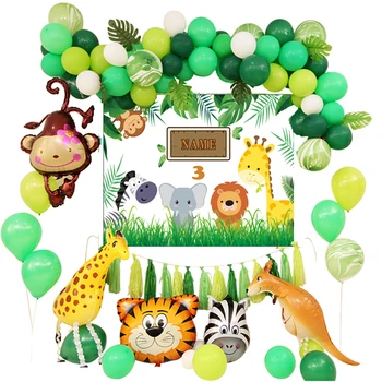 Baloni, Dekoracija Otroci 1. Rojstni dan Safari Živali Balon Arch Kit Wildlife Žirafa Zelen Balon Garland Prilagodite Baby Ime