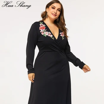 Plus Velikost Obleka Black 2019 Pomlad Jesen Žensk V Vratu Dolg Rokav Vezenje Cvetlični Trdna Priložnostne Obleko Dame Dolge Obleke Maxi
