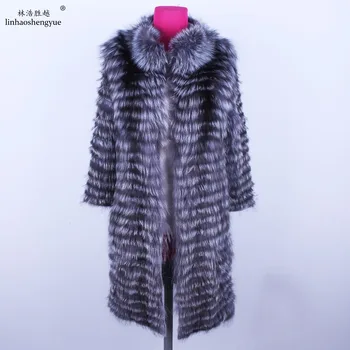 Linhaoshengyue 90 cm dolge pravi Silver fox, red fox narave krzno plašč Volne, pletene linijskih,stilsko stojalo ovratnik