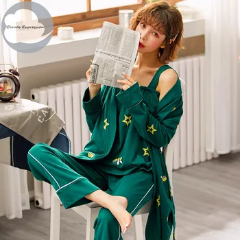 Pomlad Jesen Bombaž 3 Kos določa Elegantne Ženske Pajama Določa Ženski Sleepwear Lady Pižame Zeleni Salon Homewear Moda