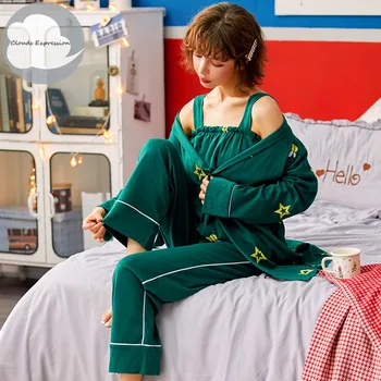 Pomlad Jesen Bombaž 3 Kos določa Elegantne Ženske Pajama Določa Ženski Sleepwear Lady Pižame Zeleni Salon Homewear Moda
