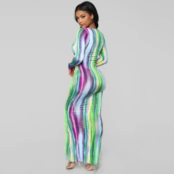 Neon Tie Dye Tiskalni Trak Maxi Obleka Ženske Dolgimi Rokavi, V-izrez Seksi 2020 Poletje Ženske Stranka Bodycon Oblačila Moda Vestidos
