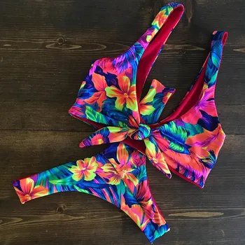 Ogrlicom Bikini Komplet 2020 Seksi Flounce Biquini Kopalke Ženske Plavanje hlače, Kopalke Cvetlični Plažo Proti-vrat kopalke