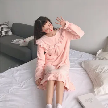 Nightgowns Ženske Trdna Sladko Roza Mehko korejskem Slogu Debelejši Toplo Ženska Visoka Kakovost Srednje dolge Mehke Ruffles Sleepshirts