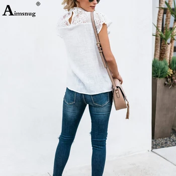 Aimsnug Ženske White Elegantna T-shirt Čipke Mozaik Ženskih O-vratu Votlih Out Majica 2020 Poletje podkrepljena Priložnostne Žensk Vrhovi