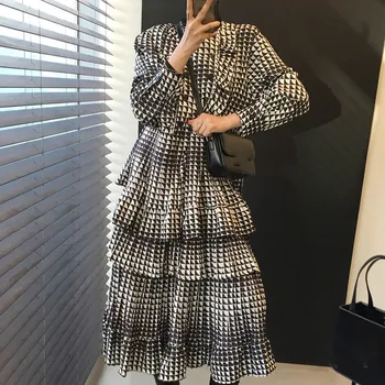 Nomikuma Kariran Obleka Ženske Naročila Color Ruffle Mozaik Dolg Rokav Obleke Ženska Vinatge Moda Korejski Elegantna Vestidos Mujer