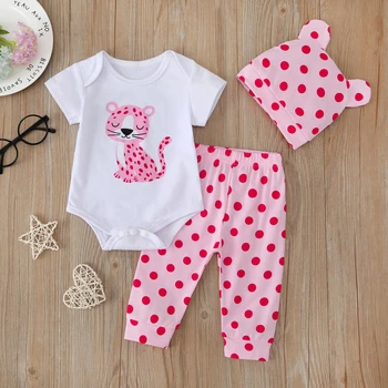 2020 Novo Sunmer Newborn Baby Girl Obleke Pink Panther Tiskani Bombaž Romper+ Pik Hlače+Klobuk 3PCS Obleke Komplet Dojenček Kompleti Oblačil