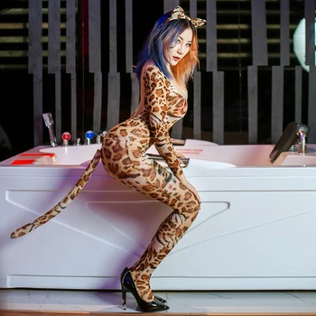 Backless Glej Skozi Porno Stranka Lady Bodysuit Odraslih Spolne Fantazije Cosplay Skušnjavi, Obleka, Sexy Odprite Mednožje Leopard Jumpsuit