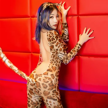 Backless Glej Skozi Porno Stranka Lady Bodysuit Odraslih Spolne Fantazije Cosplay Skušnjavi, Obleka, Sexy Odprite Mednožje Leopard Jumpsuit