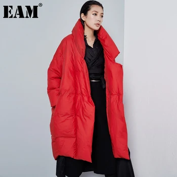 [EAM] Ohlapno Fit Rdeče Dolgo Big Velikost Topla puhovka Novo Long Sleeve Hooded Toplo Ženske Parkas Modo Jeseni, Pozimi 2021 1DA035