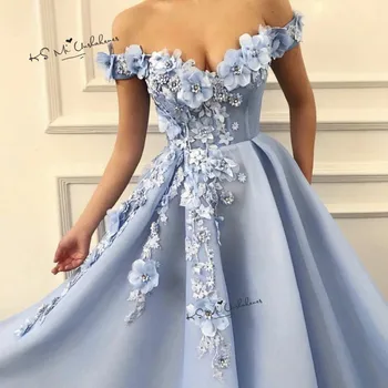 Skromno Princesa Modro Cvetje Prom Obleke Dolgo 2020 off Ramenski Formalno Ženske Večerne Vestido de Baile Gala Jurken