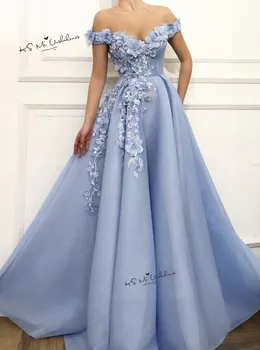 Skromno Princesa Modro Cvetje Prom Obleke Dolgo 2020 off Ramenski Formalno Ženske Večerne Vestido de Baile Gala Jurken
