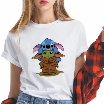 Disney Risanke T-majice Srčkan in Smešno Baby Yoda in Stitch Grafični Vrhovi Kawaii Modni Slog Oversize Dekleta Obleke, Ženske Tees