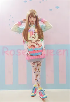 Lepe jeseni, Pozimi Ženska Lolita Macaron dekle Kawaii Ohlapen pulover s kapuco Torto Harajuku Dolg Rokav Tee Pisane Pravljice Znoj