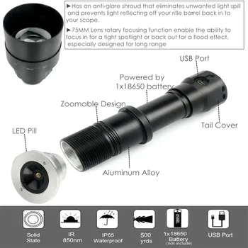 UniqueFire 1605 IR 850nm 4715AS LED Svetilka 5 W 75 mm objektiv 3 Način Night Vision baklo Zoomable USB Polnilne Za Lov
