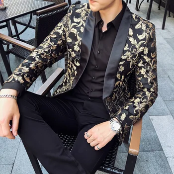 Črna In Zlata Blazer Moški 2019 Britanski Stil Luksuzni Cvjetnim Natisne Blazerji 5XL Moda Priložnostne Fit Slim Mens Jopič Jopič Q754