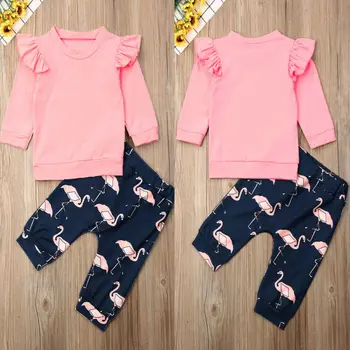 Newborn Baby Dekle Dojenčka 2pcs Jeseni Flamingo Oblačila z Dolgimi Rokavi Ruffles Barva Vrh Hlače Obleko Set