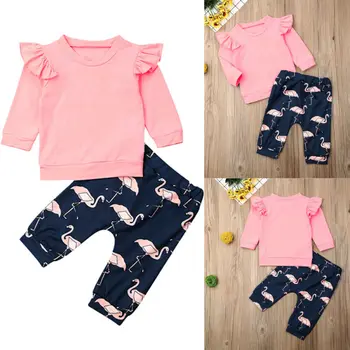 Newborn Baby Dekle Dojenčka 2pcs Jeseni Flamingo Oblačila z Dolgimi Rokavi Ruffles Barva Vrh Hlače Obleko Set