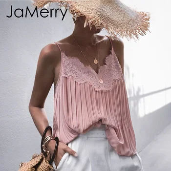 JaMerry Seksi čipke, vezenine ženske roza vrhovi Eleganten v-izrez ženska camis vrhu rezervoarja Trdno špagete trakovi dame vrhovi srajce 2020